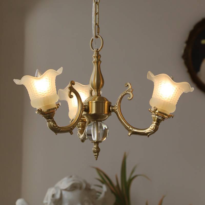 Elegant Brass Floral Chandelier with Curved Glass Accents for Living Room
