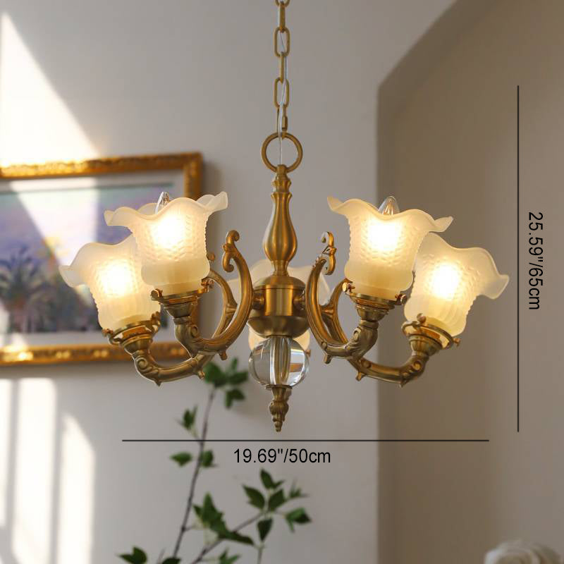 Elegant Brass Floral Chandelier with Curved Glass Accents for Living Room