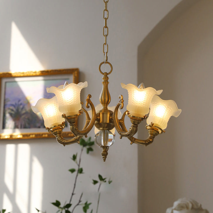 Elegant Brass Floral Chandelier with Curved Glass Accents for Living Room