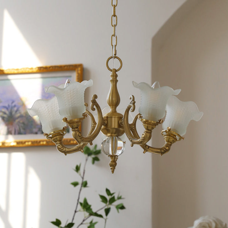Elegant Brass Floral Chandelier with Curved Glass Accents for Living Room