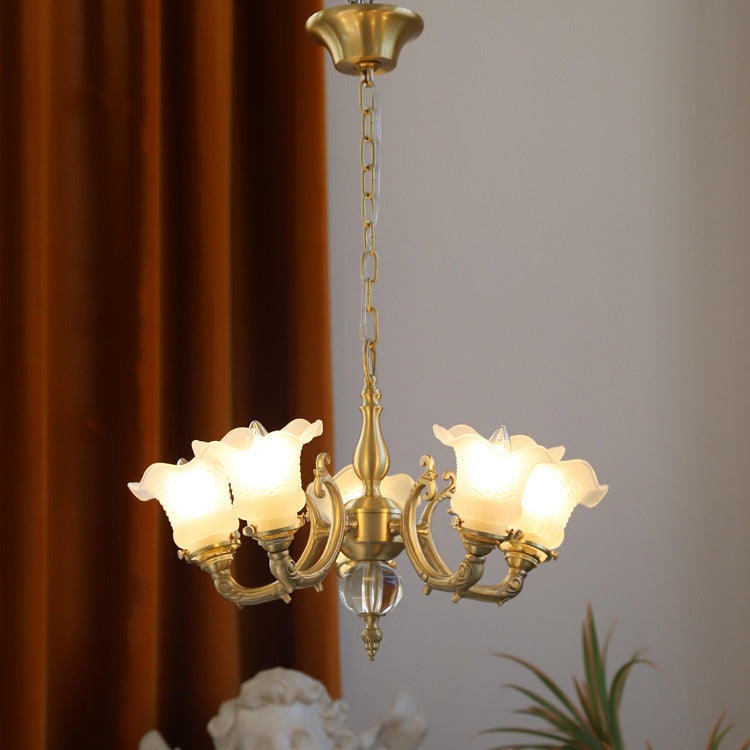 Elegant Brass Floral Chandelier with Curved Glass Accents for Living Room