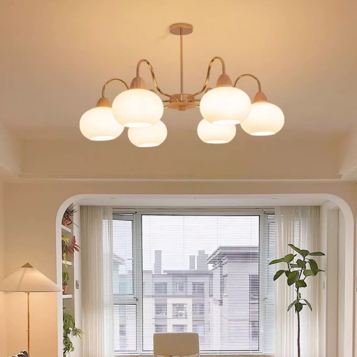 Elegant Traditional Japanese Oval Iron Wood Chandelier for Living Room