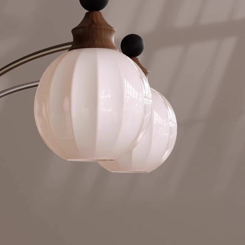 Retro Wood Frame Orb Glass Chandelier for Living Room, 3/5/8 Lights