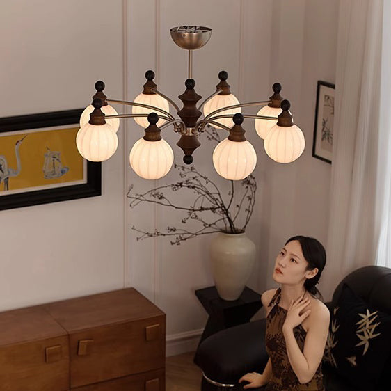 Retro Wood Frame Orb Glass Chandelier for Living Room, 3/5/8 Lights
