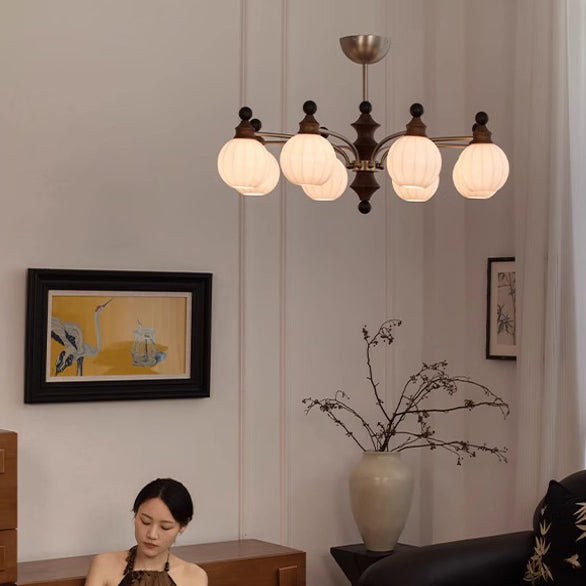 Retro Wood Frame Orb Glass Chandelier for Living Room, 3/5/8 Lights