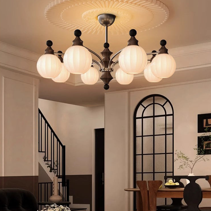 Retro Wood Frame Orb Glass Chandelier for Living Room, 3/5/8 Lights
