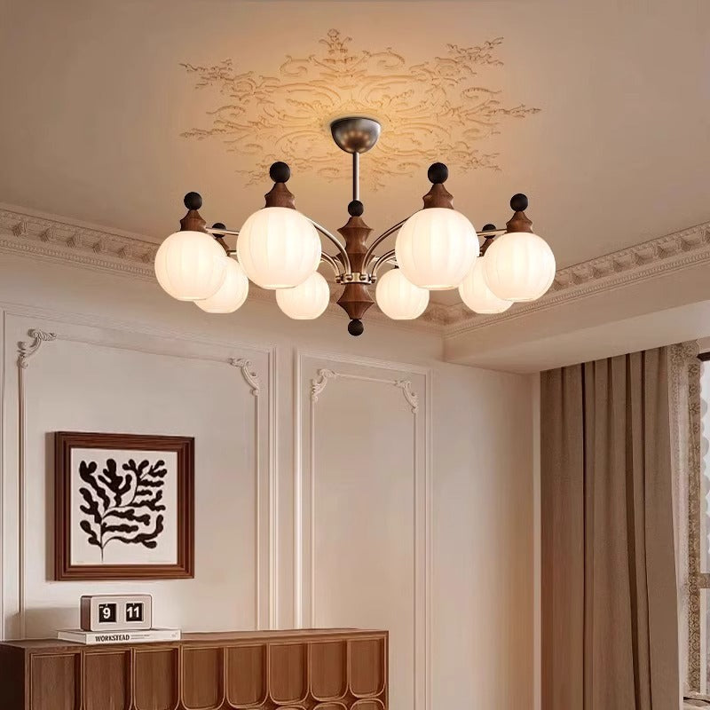 Retro Wood Frame Orb Glass Chandelier for Living Room, 3/5/8 Lights