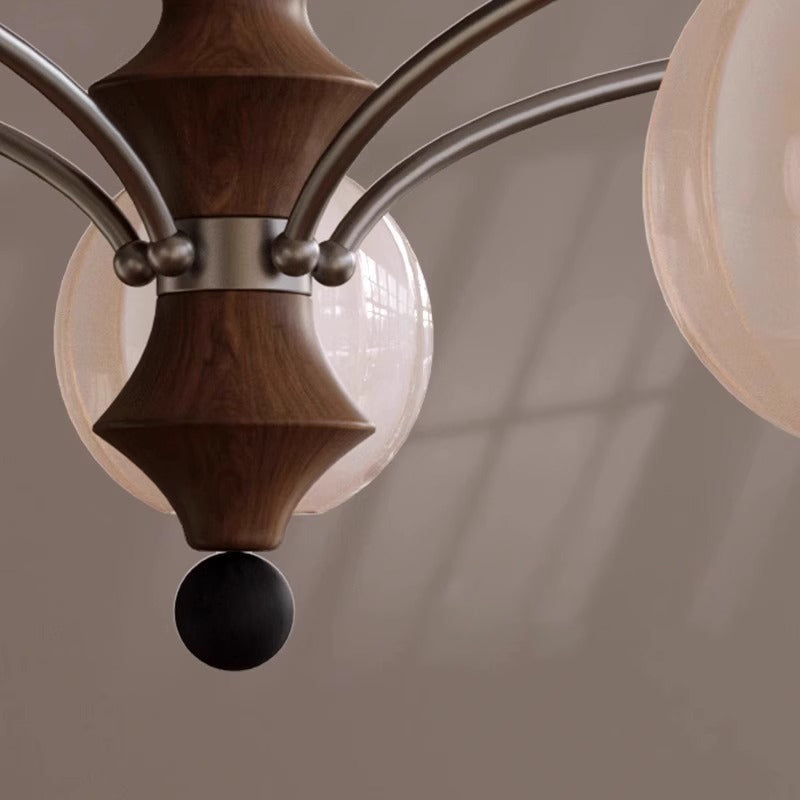 Retro Wood Frame Orb Glass Chandelier for Living Room, 3/5/8 Lights