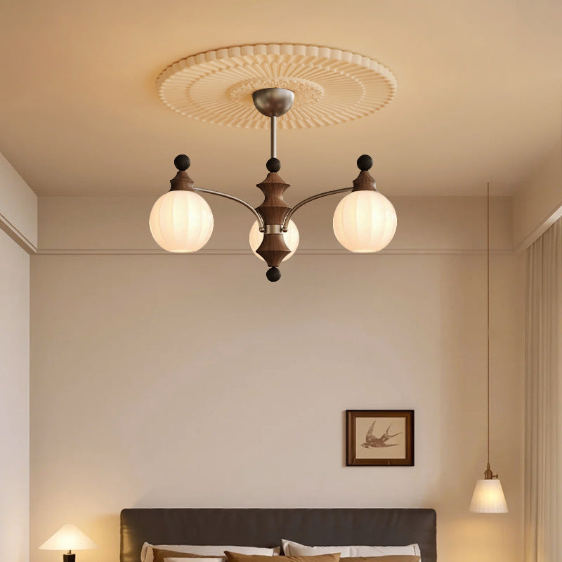 Retro Wood Frame Orb Glass Chandelier for Living Room, 3/5/8 Lights