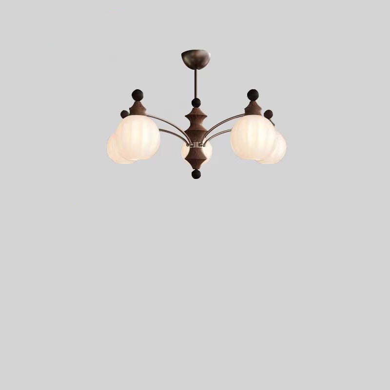 Retro Wood Frame Orb Glass Chandelier for Living Room, 3/5/8 Lights