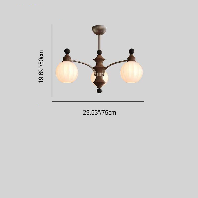 Retro Wood Frame Orb Glass Chandelier for Living Room, 3/5/8 Lights