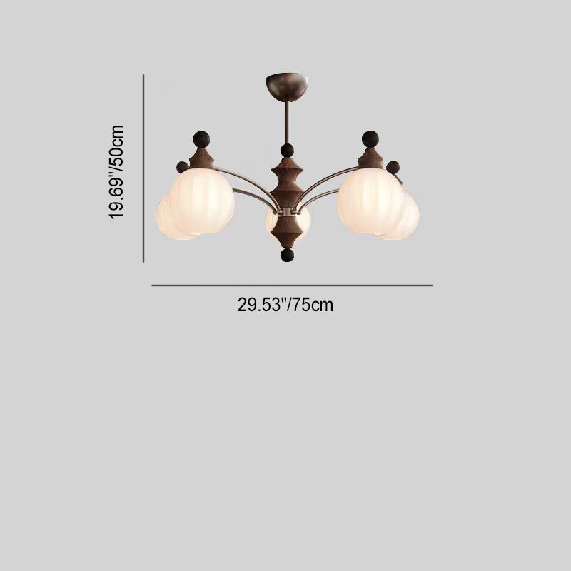 Retro Wood Frame Orb Glass Chandelier for Living Room, 3/5/8 Lights
