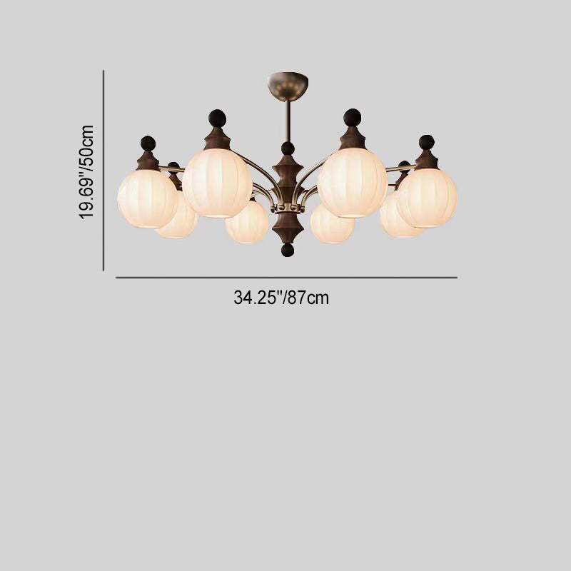 Retro Wood Frame Orb Glass Chandelier for Living Room, 3/5/8 Lights