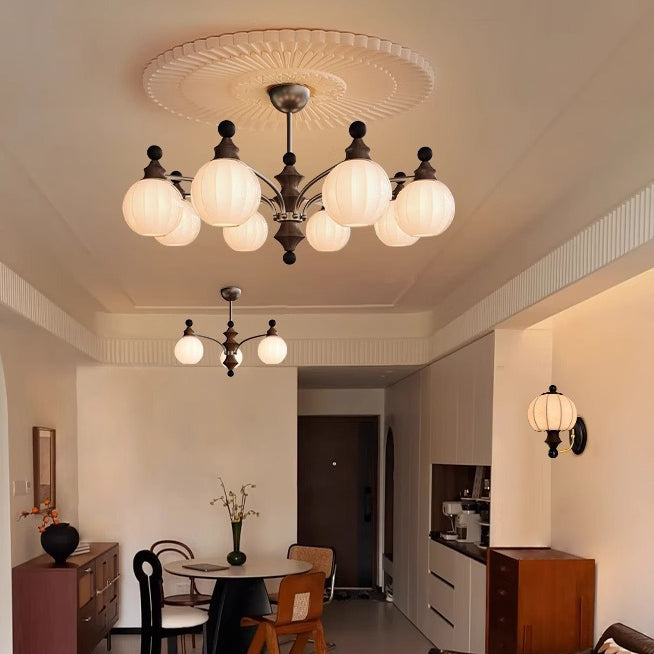 Retro Wood Frame Orb Glass Chandelier for Living Room, 3/5/8 Lights