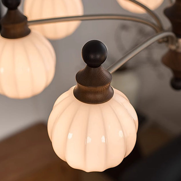Retro Wood Frame Orb Glass Chandelier for Living Room, 3/5/8 Lights