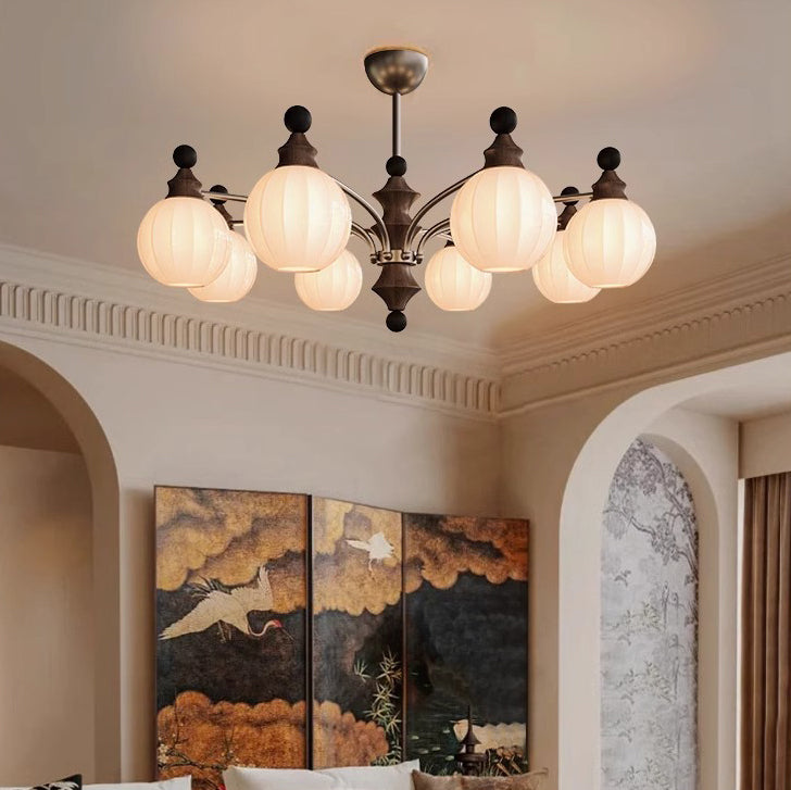 Retro Wood Frame Orb Glass Chandelier for Living Room, 3/5/8 Lights
