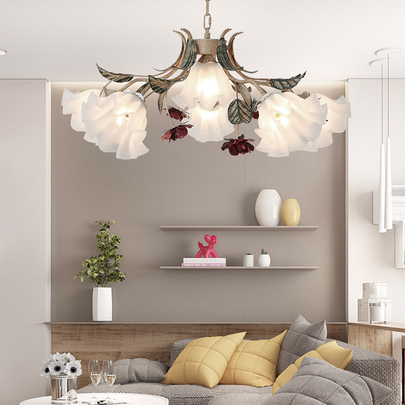 Vintage French Floral Iron Frame Glass Shade Chandelier for Living Room
