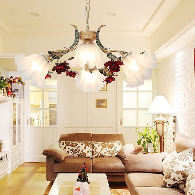 Vintage French Floral Iron Frame Glass Shade Chandelier for Living Room