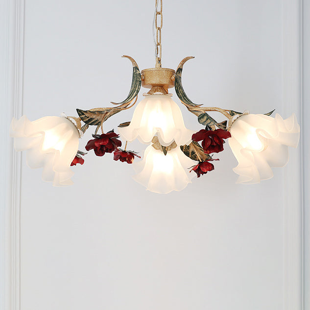 Vintage French Floral Iron Frame Glass Shade Chandelier for Living Room