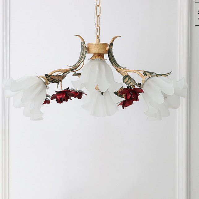 Vintage French Floral Iron Frame Glass Shade Chandelier for Living Room