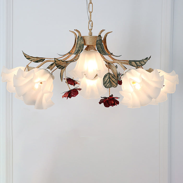 Vintage French Floral Iron Frame Glass Shade Chandelier for Living Room