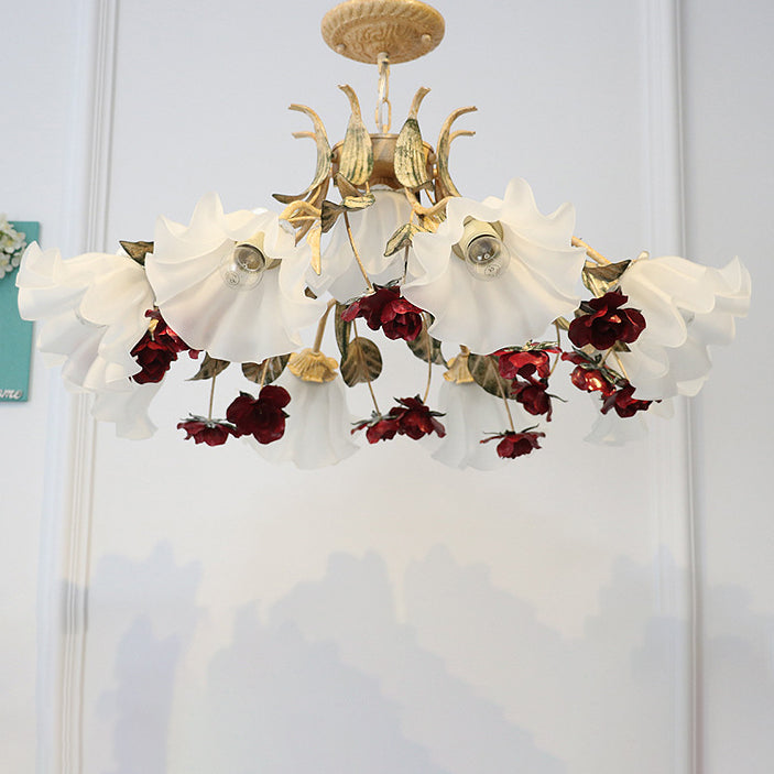 Vintage French Floral Iron Frame Glass Shade Chandelier for Living Room