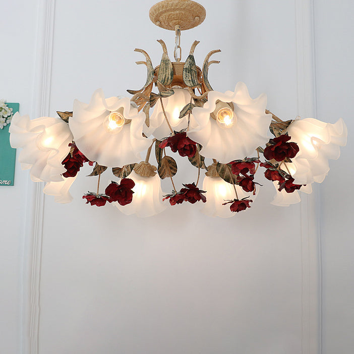 Vintage French Floral Iron Frame Glass Shade Chandelier for Living Room