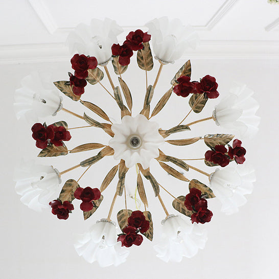 Vintage French Floral Iron Frame Glass Shade Chandelier for Living Room