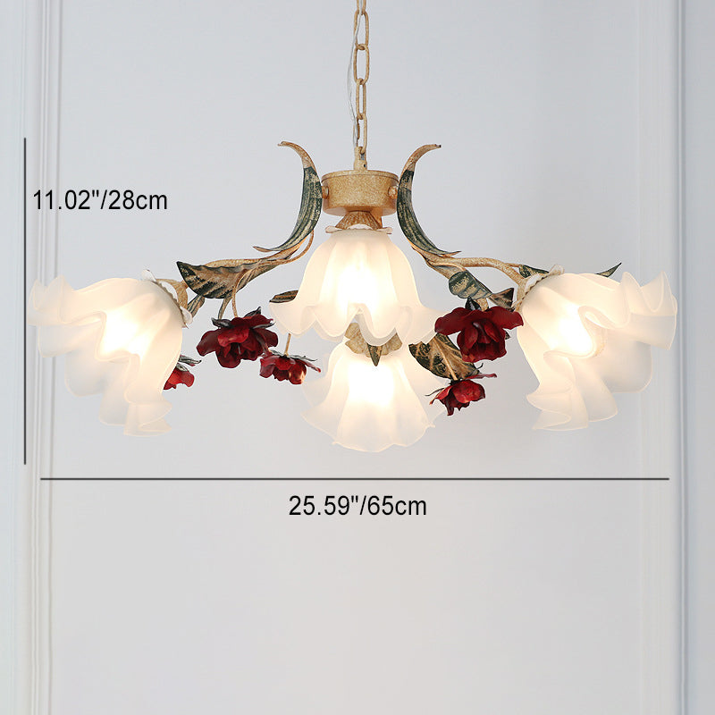 Vintage French Floral Iron Frame Glass Shade Chandelier for Living Room