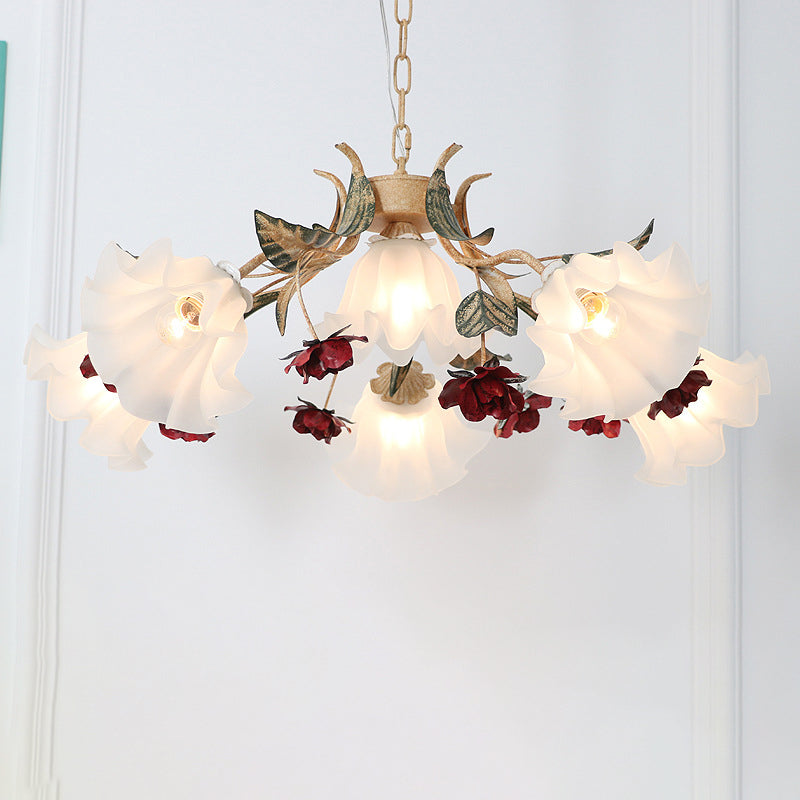 Vintage French Floral Iron Frame Glass Shade Chandelier for Living Room