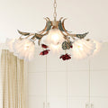 Vintage French Floral Iron Frame Glass Shade Chandelier for Living Room