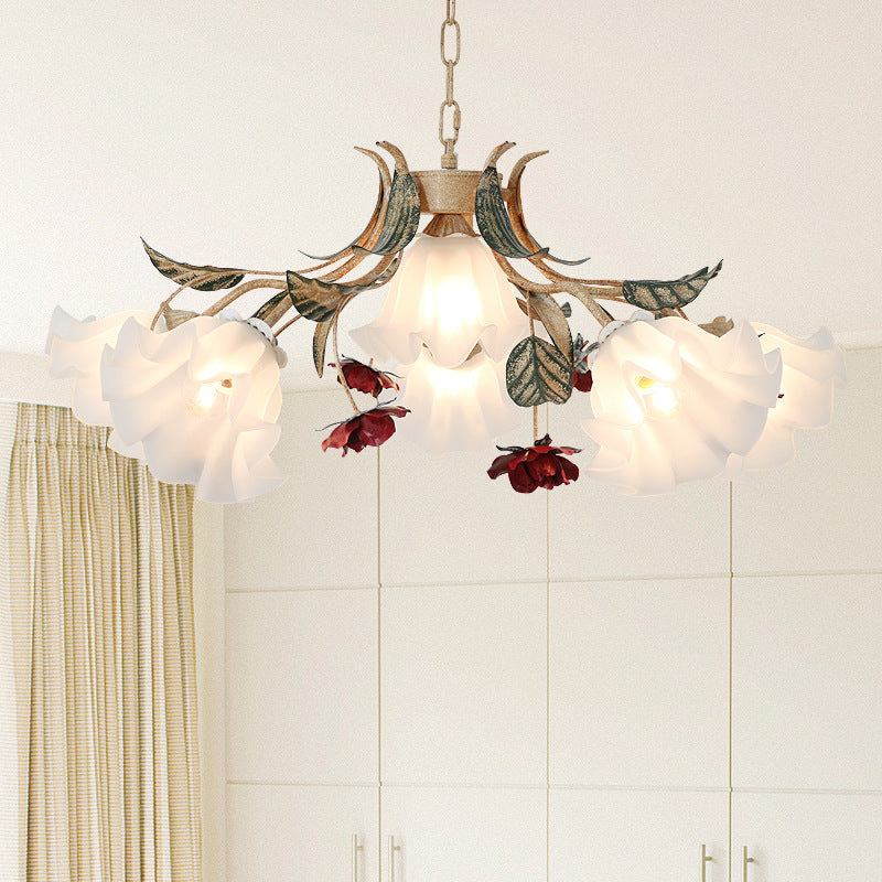 Vintage French Floral Iron Frame Glass Shade Chandelier for Living Room