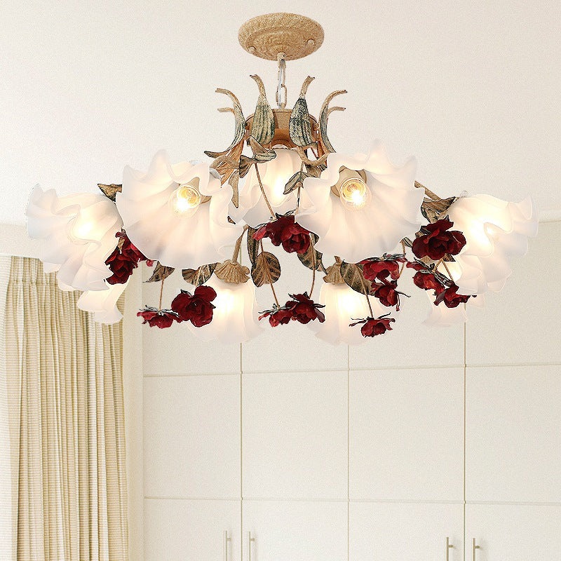 Vintage French Floral Iron Frame Glass Shade Chandelier for Living Room