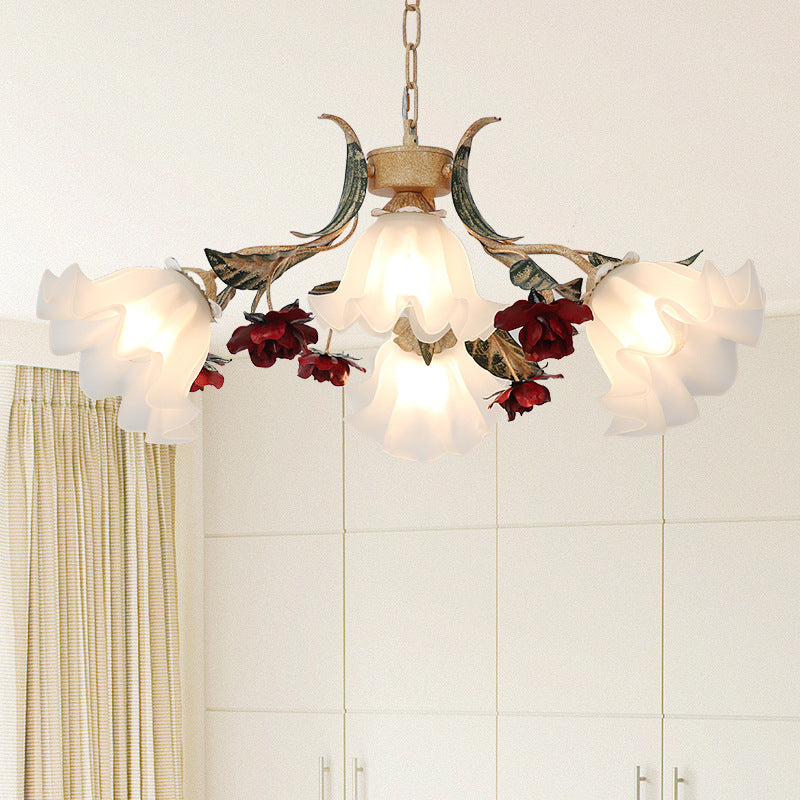 Vintage French Floral Iron Frame Glass Shade Chandelier for Living Room