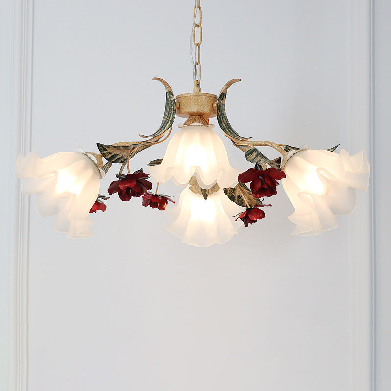 Vintage French Floral Iron Frame Glass Shade Chandelier for Living Room