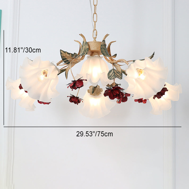 Vintage French Floral Iron Frame Glass Shade Chandelier for Living Room