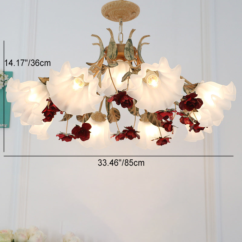Vintage French Floral Iron Frame Glass Shade Chandelier for Living Room