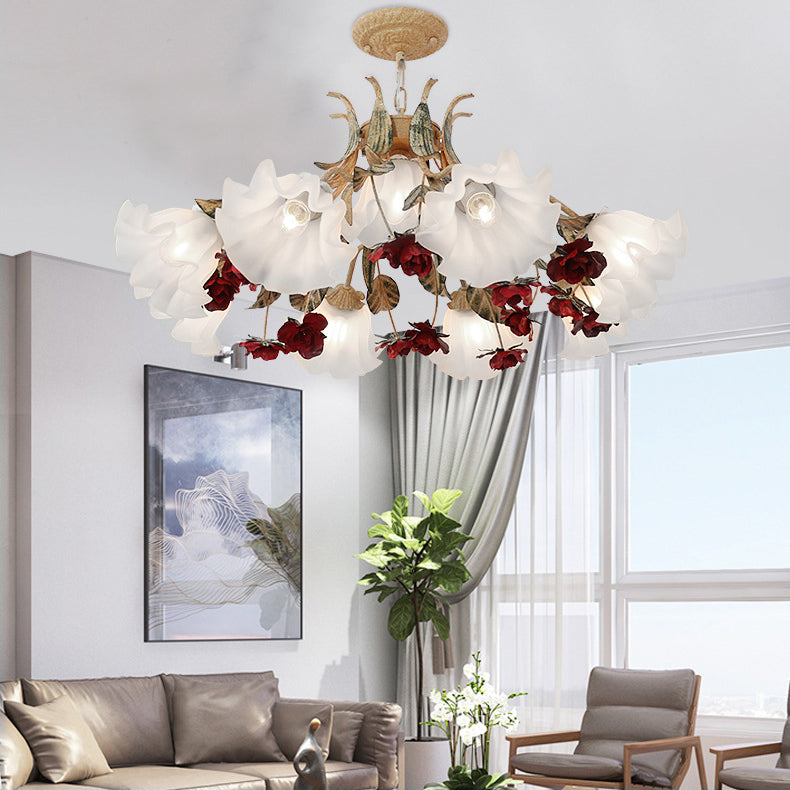 Vintage French Floral Iron Frame Glass Shade Chandelier for Living Room