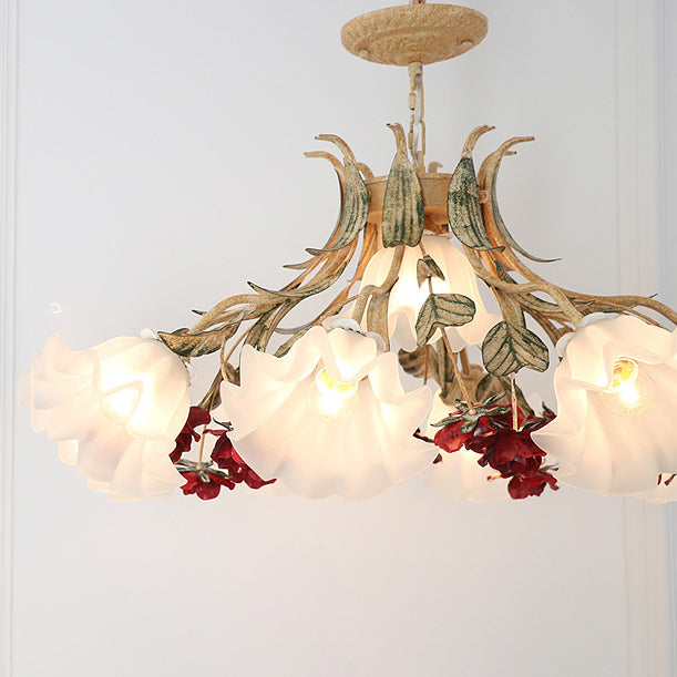 Vintage French Floral Iron Frame Glass Shade Chandelier for Living Room