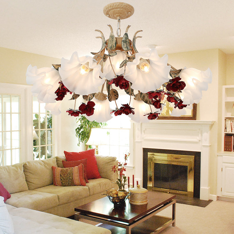 Vintage French Floral Iron Frame Glass Shade Chandelier for Living Room