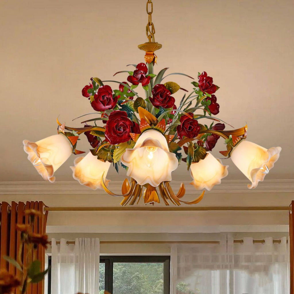 Elegant French Rose Chandelier with Iron Frame & Glass Shade for Living Room