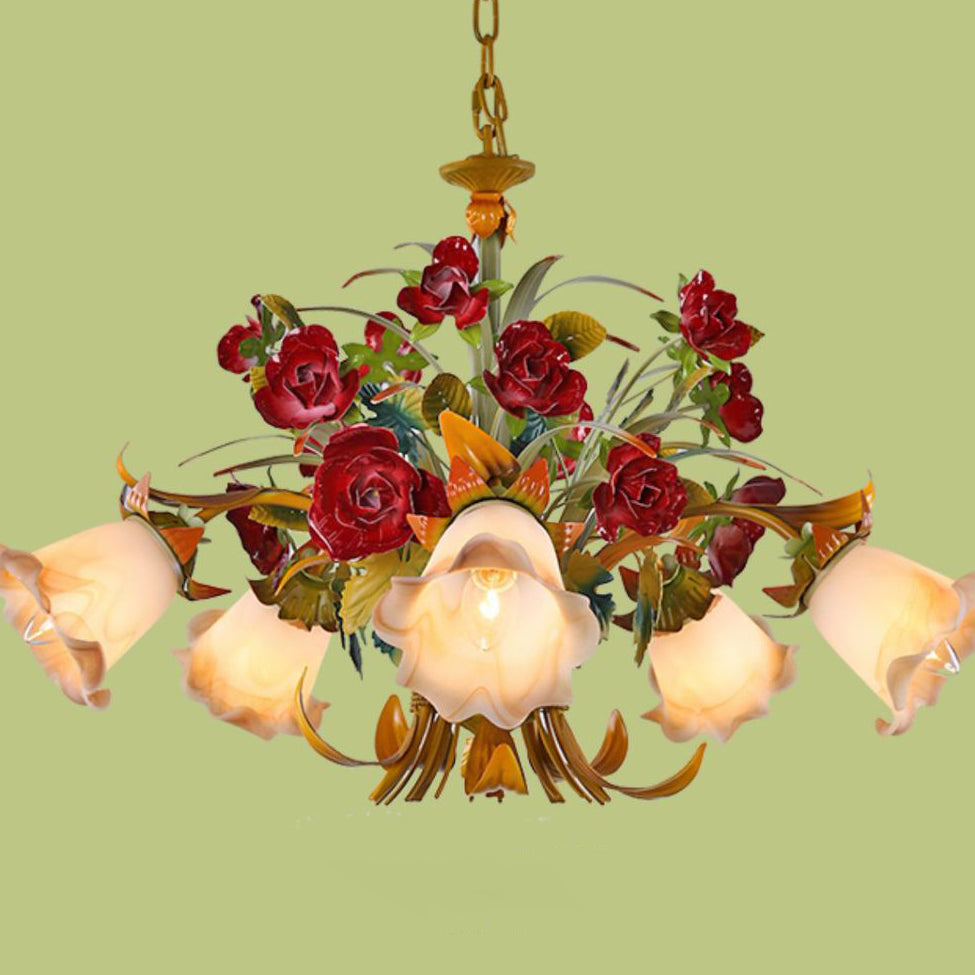 Elegant French Rose Chandelier with Iron Frame & Glass Shade for Living Room