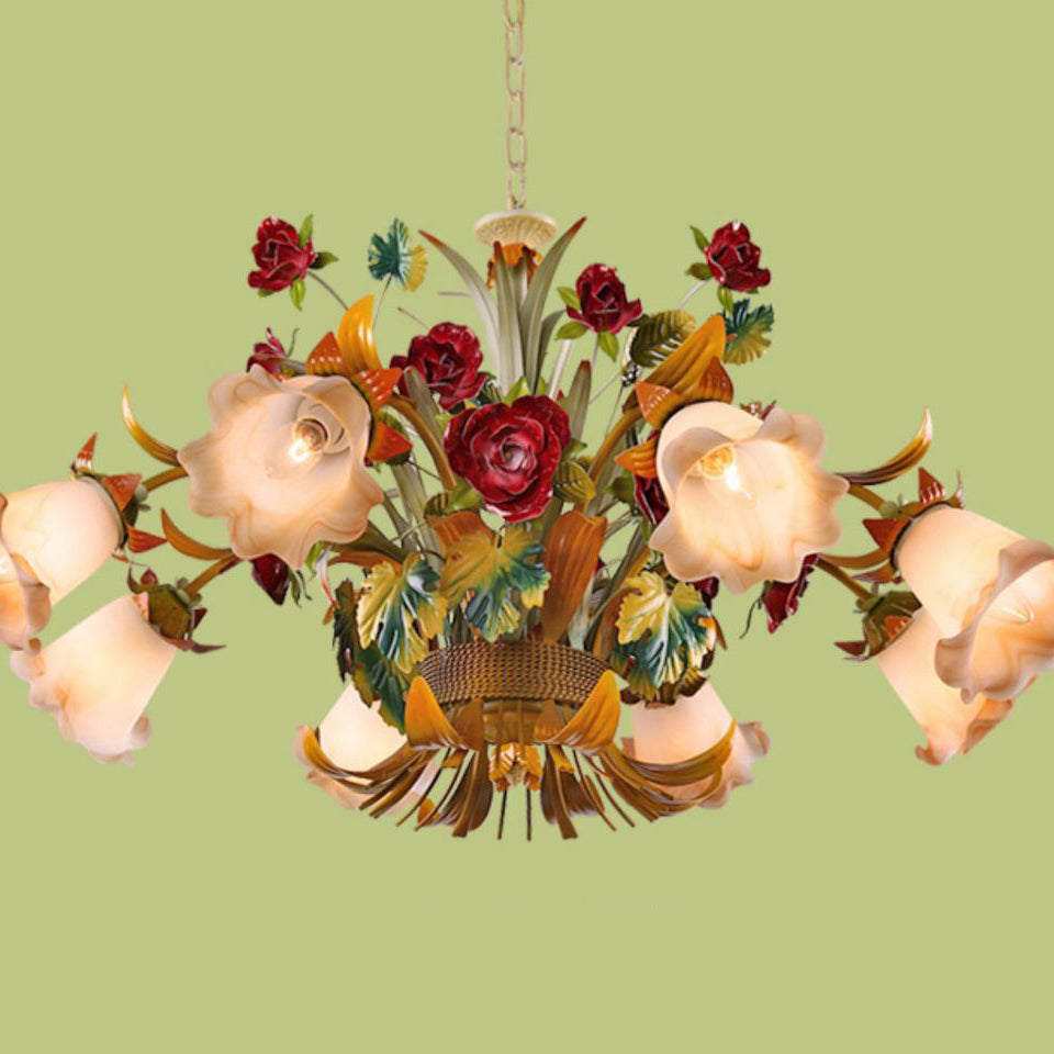 Elegant French Rose Chandelier with Iron Frame & Glass Shade for Living Room