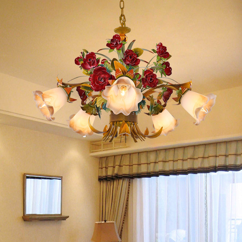 Elegant French Rose Chandelier with Iron Frame & Glass Shade for Living Room