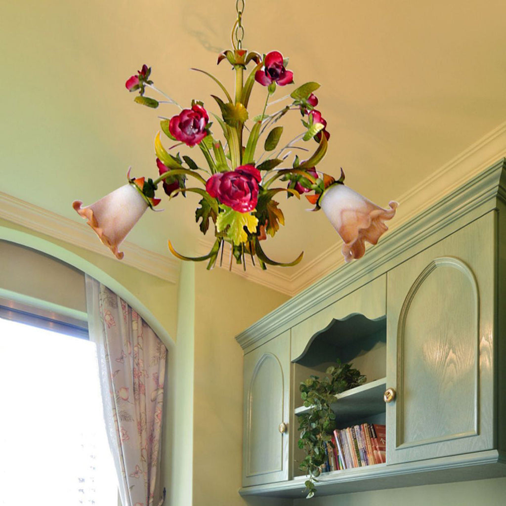 Elegant French Rose Chandelier with Iron Frame & Glass Shade for Living Room