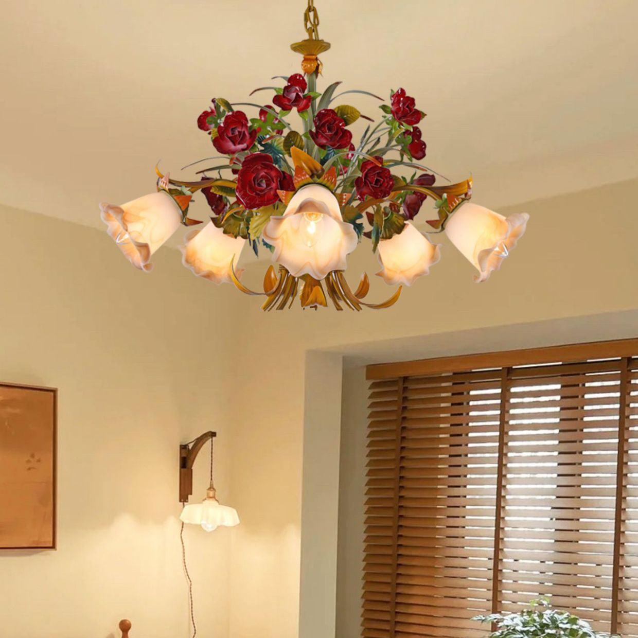 Elegant French Rose Chandelier with Iron Frame & Glass Shade for Living Room