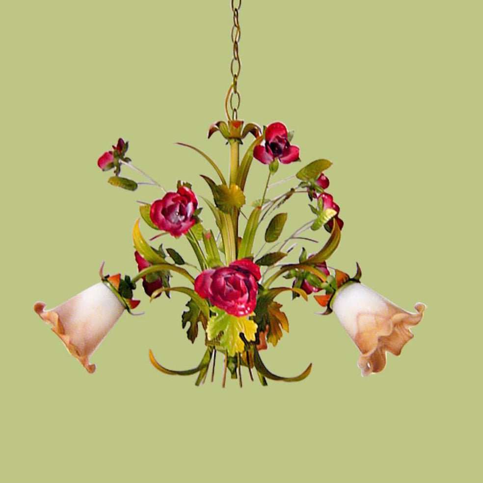Elegant French Rose Chandelier with Iron Frame & Glass Shade for Living Room