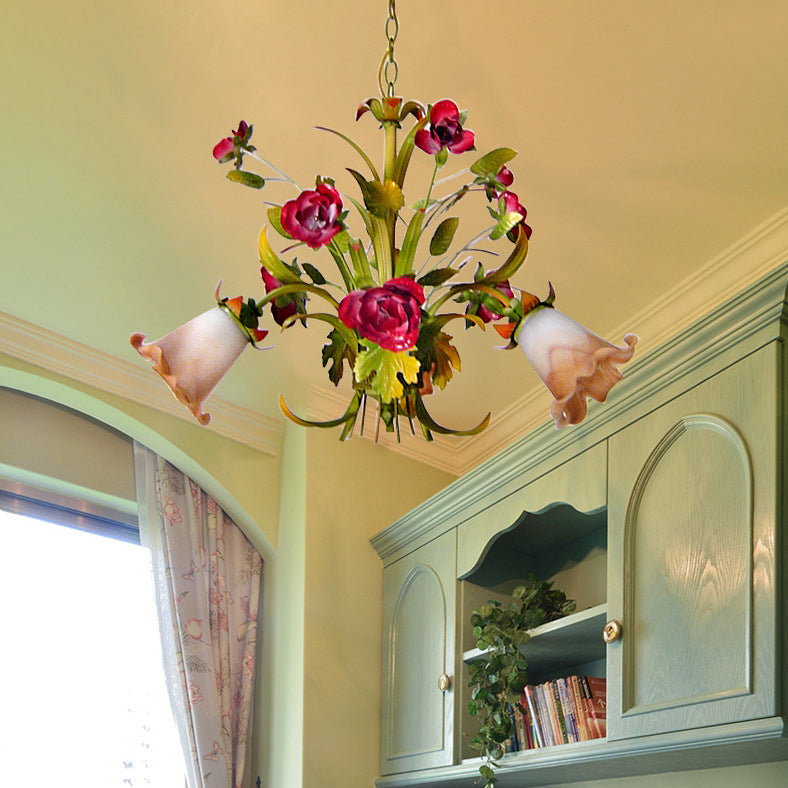 Elegant French Rose Chandelier with Iron Frame & Glass Shade for Living Room