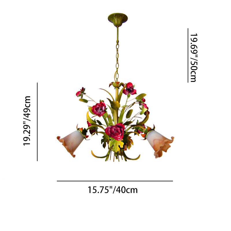 Elegant French Rose Chandelier with Iron Frame & Glass Shade for Living Room