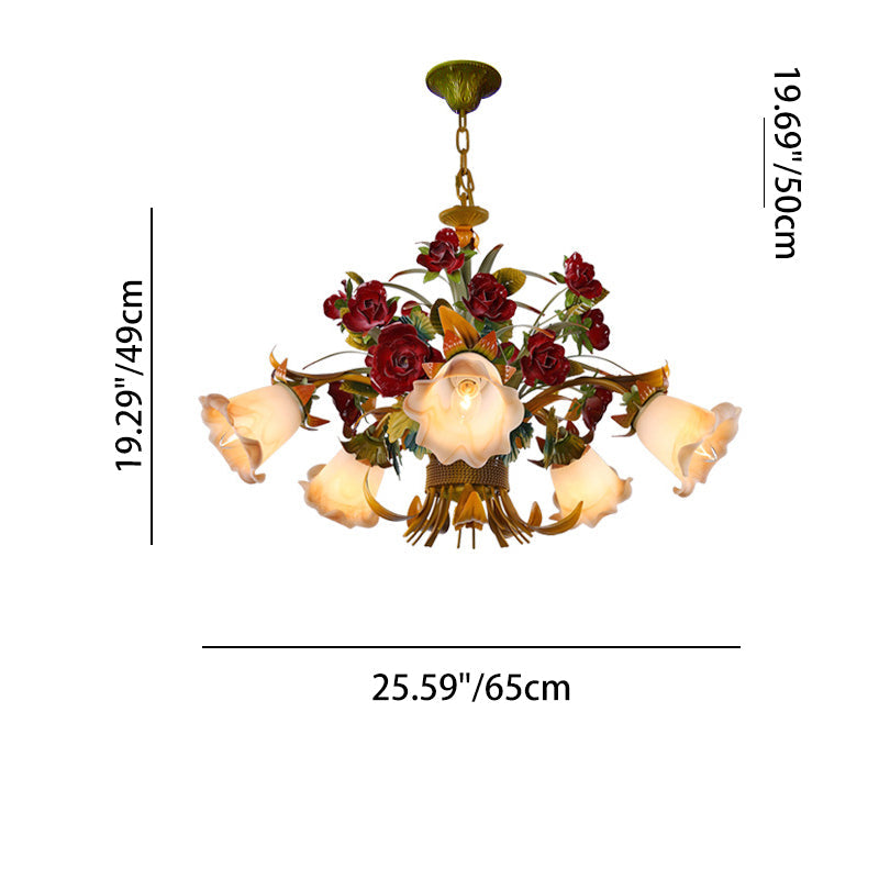 Elegant French Rose Chandelier with Iron Frame & Glass Shade for Living Room